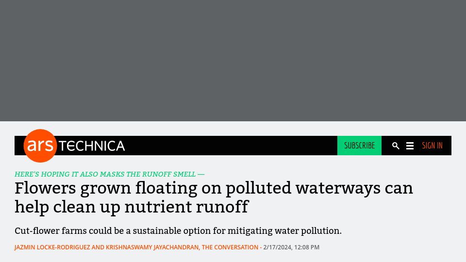 Screenshot of arstechnica.com: Flowers grown floating on polluted waterways can help clean up nutrient runoff