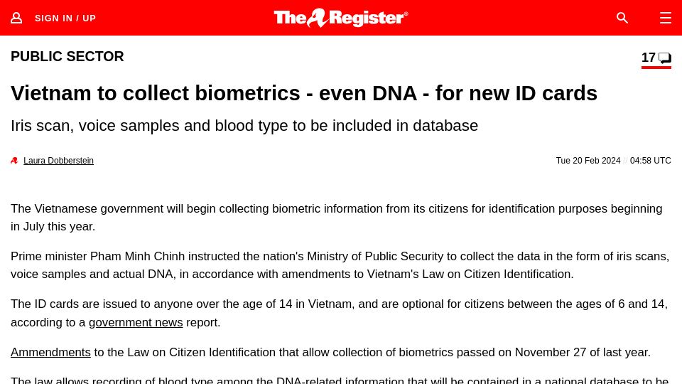 Screenshot of theregister.com: Vietnam to collect biometrics – even DNA – for new ID cards