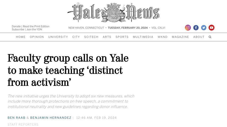 Screenshot of yaledailynews.com: Faculty group calls on Yale to make teaching 'distinct from activism'
