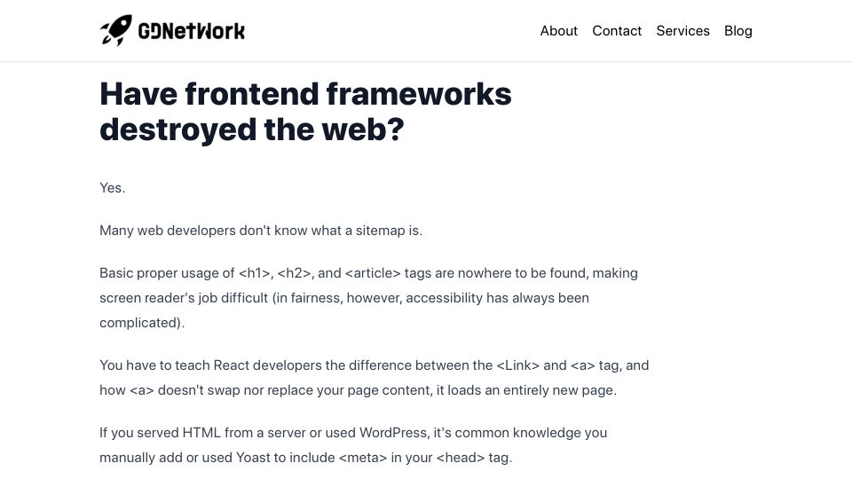 Screenshot of gdnetwork.co: Have front end frameworks destroyed the web?