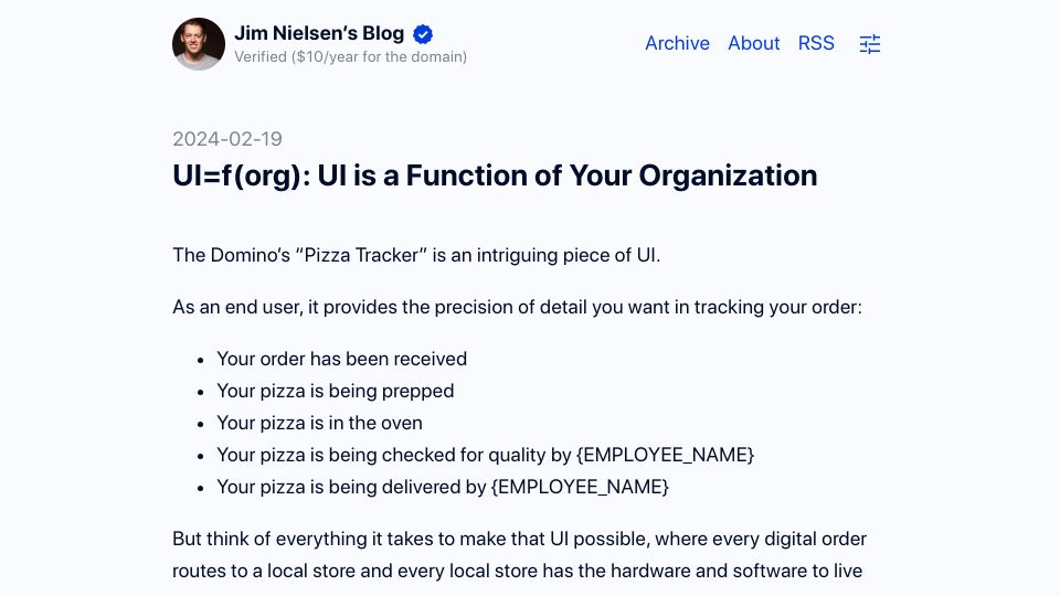 Screenshot of blog.jim-nielsen.com: UI is a function of your organization