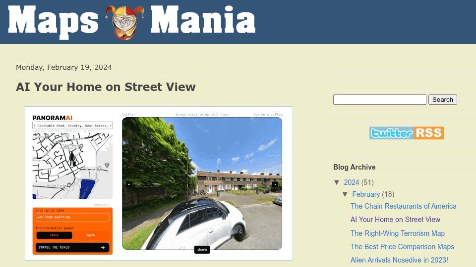 Screenshot of googlemapsmania.blogspot.com: AI your home on street view
