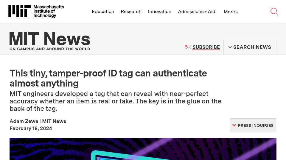 Screenshot of news.mit.edu: Tiny, tamper-proof ID tag can authenticate almost anything