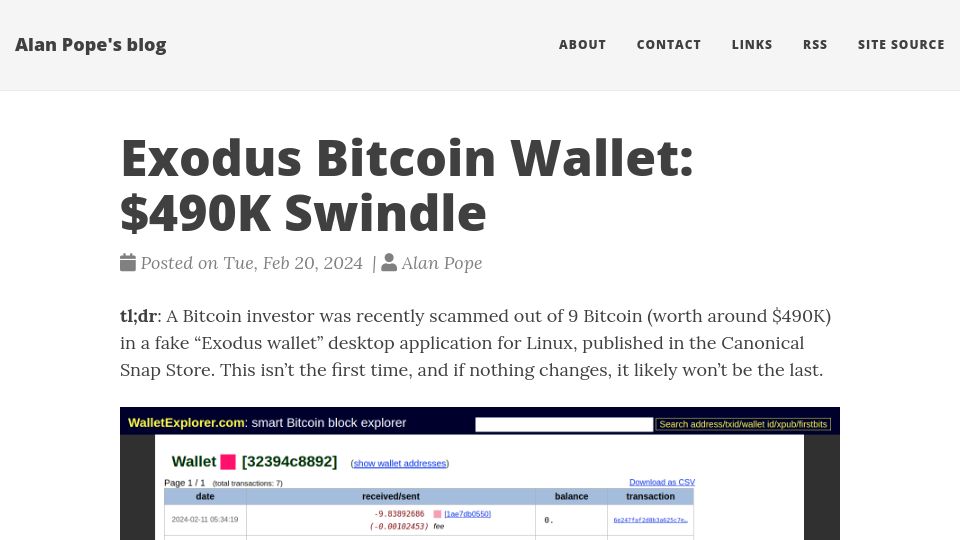 Screenshot of popey.com: Exodus Bitcoin Wallet: $490k swindle