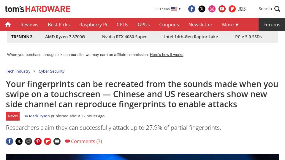 Screenshot of tomshardware.com: Fingerprints can be recreated from the sounds made when you swipe a screen