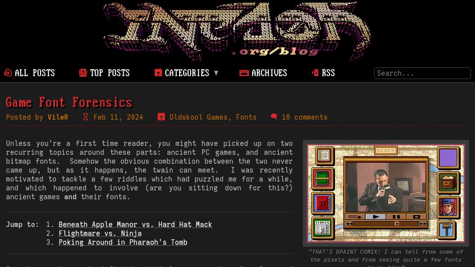 Screenshot of int10h.org: Game Font Forensics