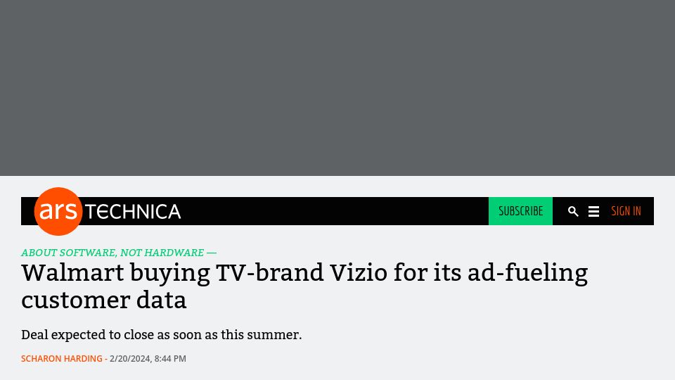 Screenshot of arstechnica.com: Walmart buying TV-brand Vizio for its ad-fueling customer data