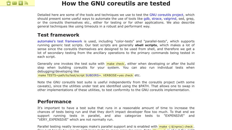 Screenshot of pixelbeat.org: How the GNU coreutils are tested (2017)