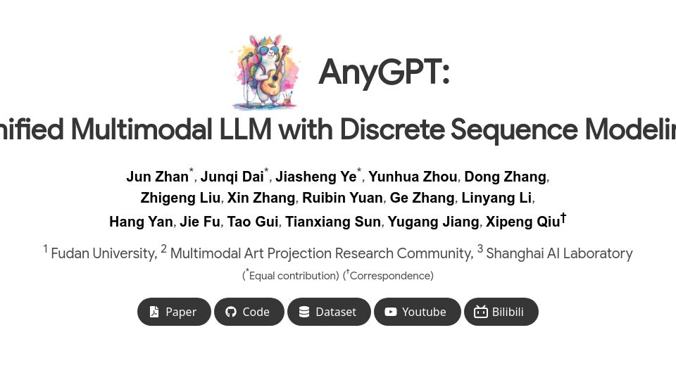 Screenshot of junzhan2000.github.io: AnyGPT: Unified Multimodal LLM with Discrete Sequence Modeling