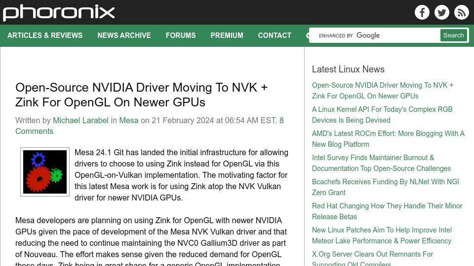 Screenshot of phoronix.com: Open-Source Nvidia Driver Moving to NVK and Zink for OpenGL on Newer GPUs
