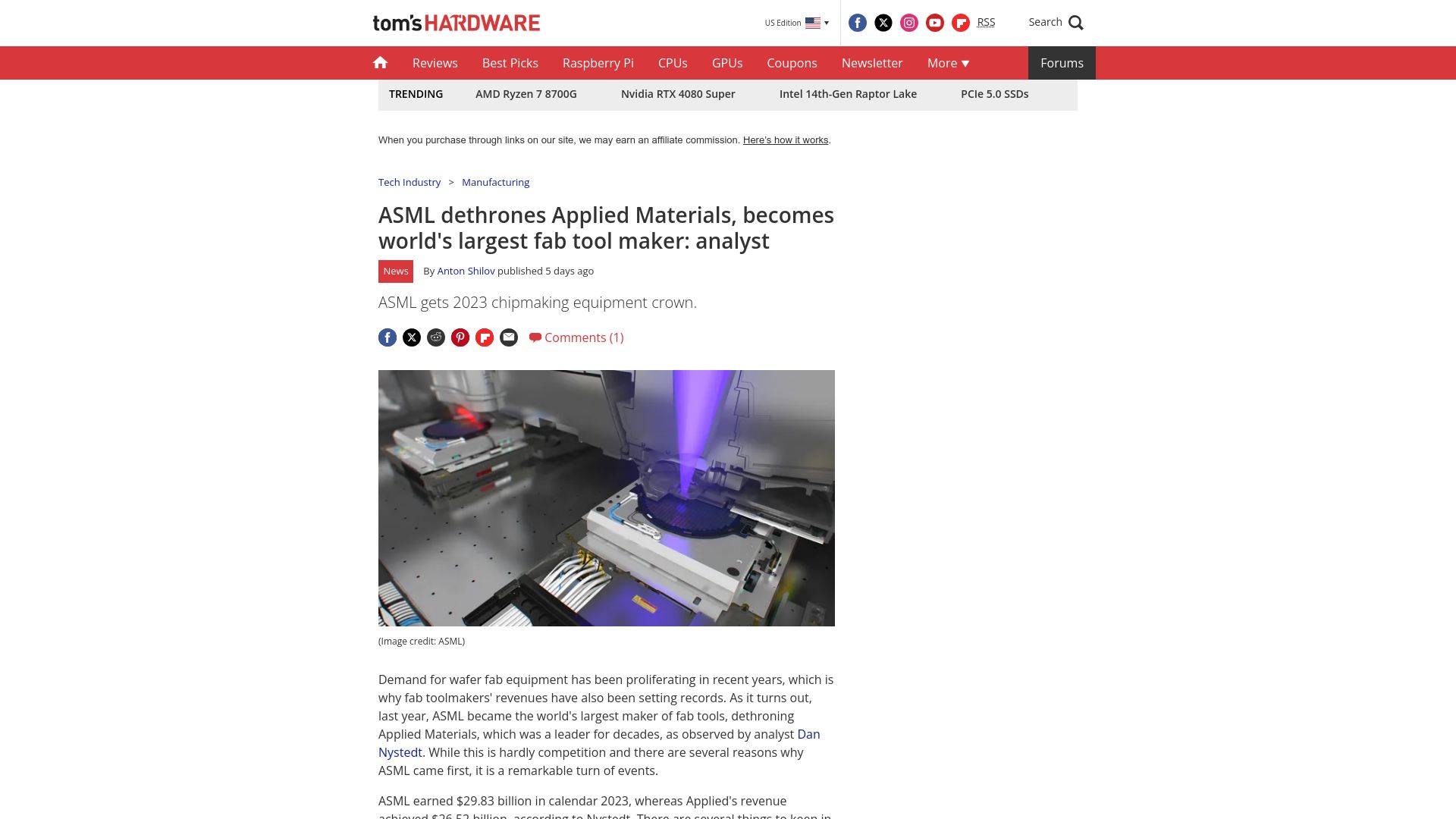 Screenshot of tomshardware.com: ASML dethrones Applied Materials, becomes largest fab tool maker