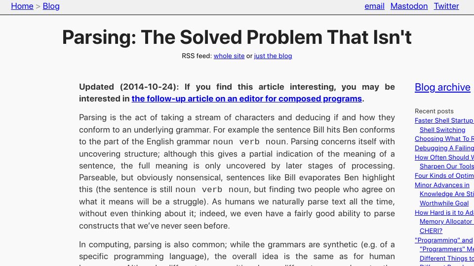 Screenshot of tratt.net: Parsing: The Solved Problem That Isn't (2011)