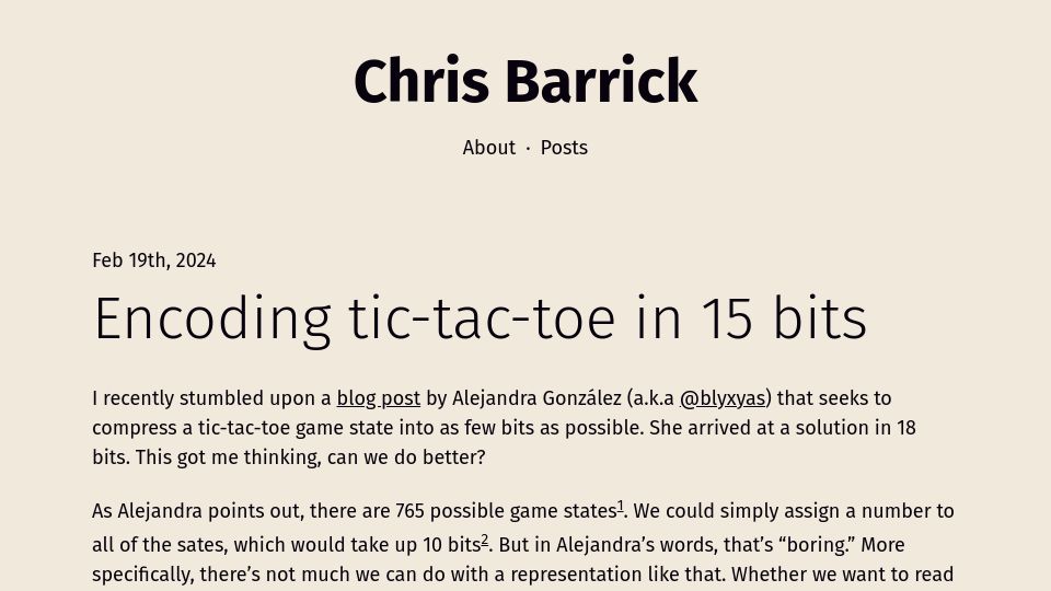 Screenshot of cbarrick.dev: Encoding tic-tac-toe in 15 bits