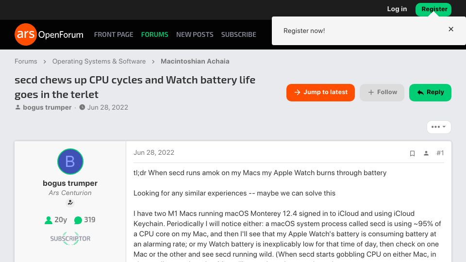 Screenshot of arstechnica.com: secd chews up CPU cycles and Watch battery life goes in the terlet (2022)