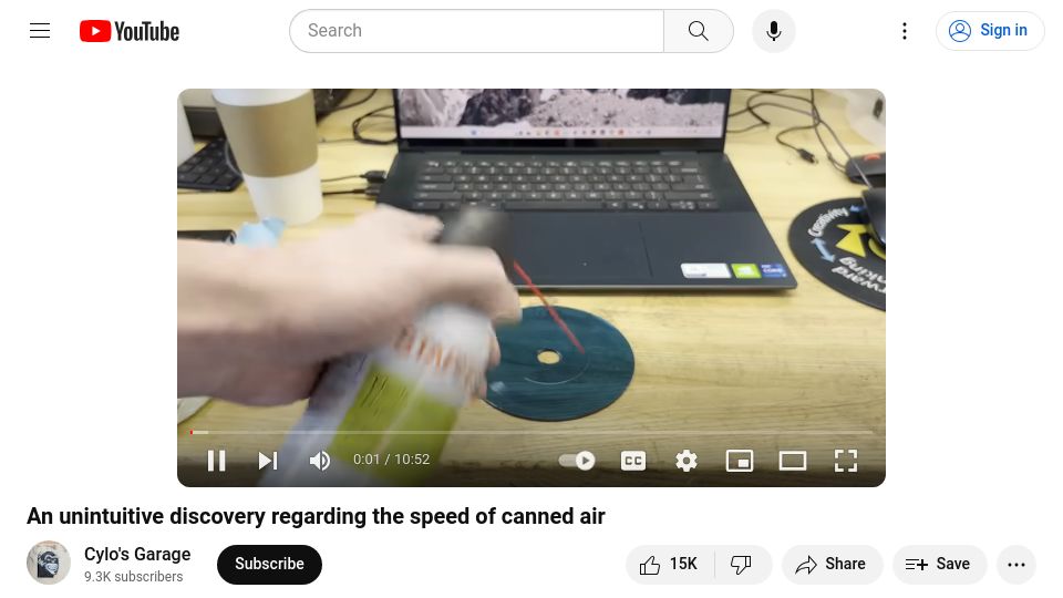 Screenshot of youtube.com: Canned air is unexpectedly supersonic [video]