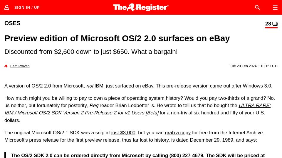 Screenshot of theregister.com: Preview edition of Microsoft OS/2 2.0 sold on eBay