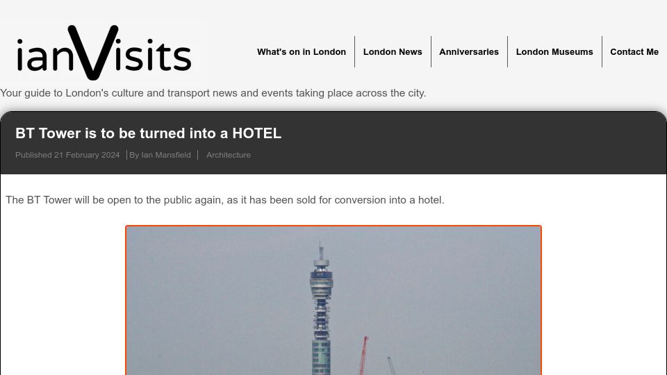 Screenshot of ianvisits.co.uk: BT Tower is to be turned into a hotel