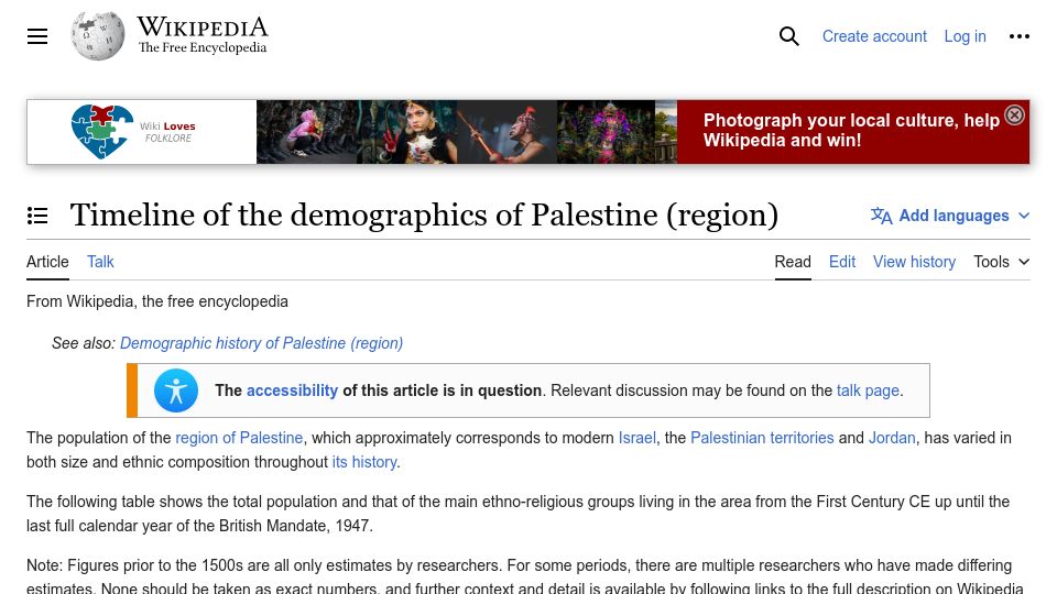 Screenshot of en.wikipedia.org: Timeline of the Demographics of Palestine (Region)