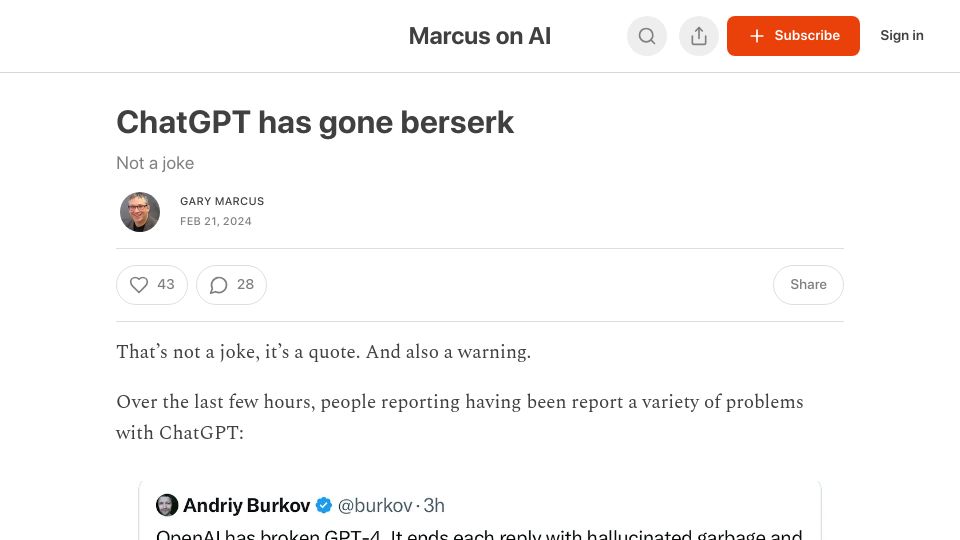 Screenshot of garymarcus.substack.com: ChatGPT went berserk