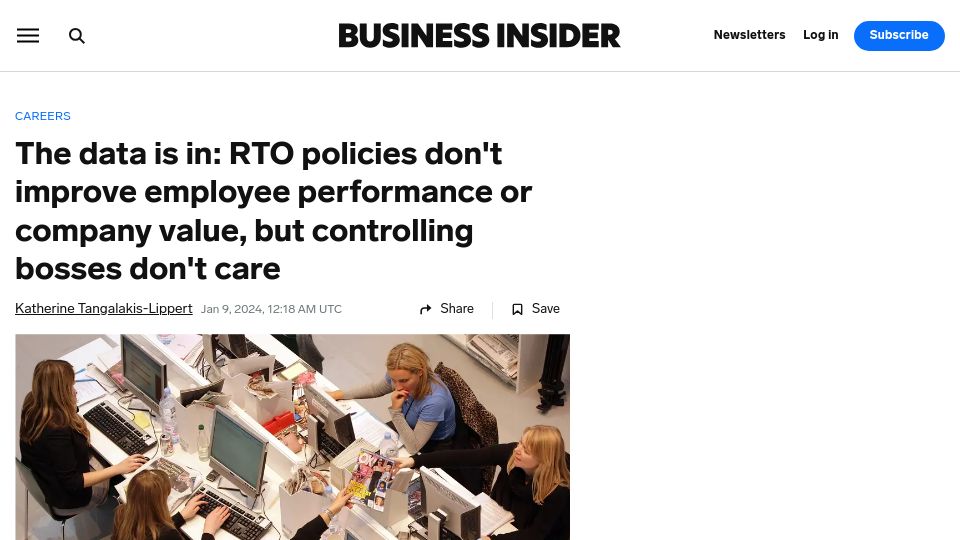 Screenshot of businessinsider.com: The data is in: RTO policies don't improve employee performance or company value