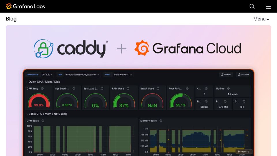 Screenshot of grafana.com: How the open source Caddy server uses Grafana Cloud for full-stack observability