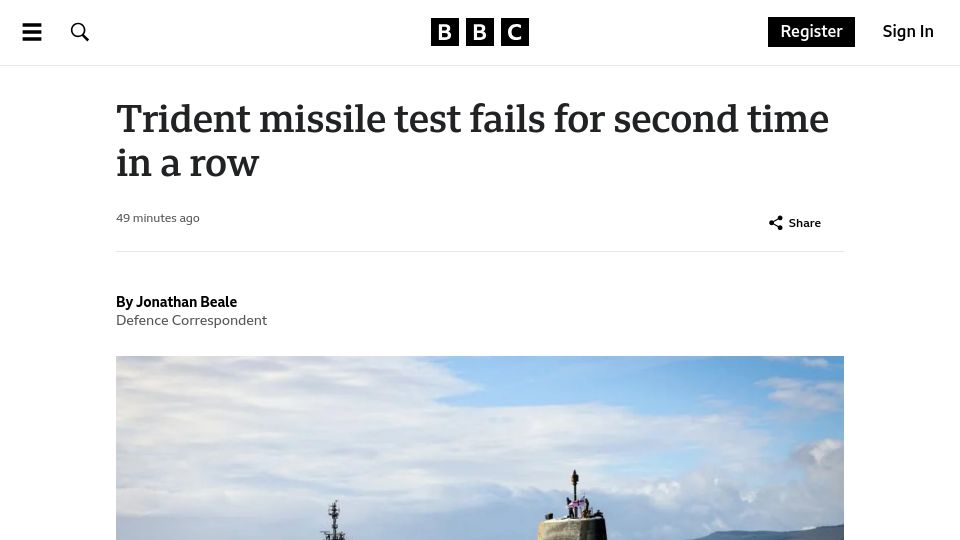Screenshot of bbc.co.uk: Trident missile test fails for a second time in a row