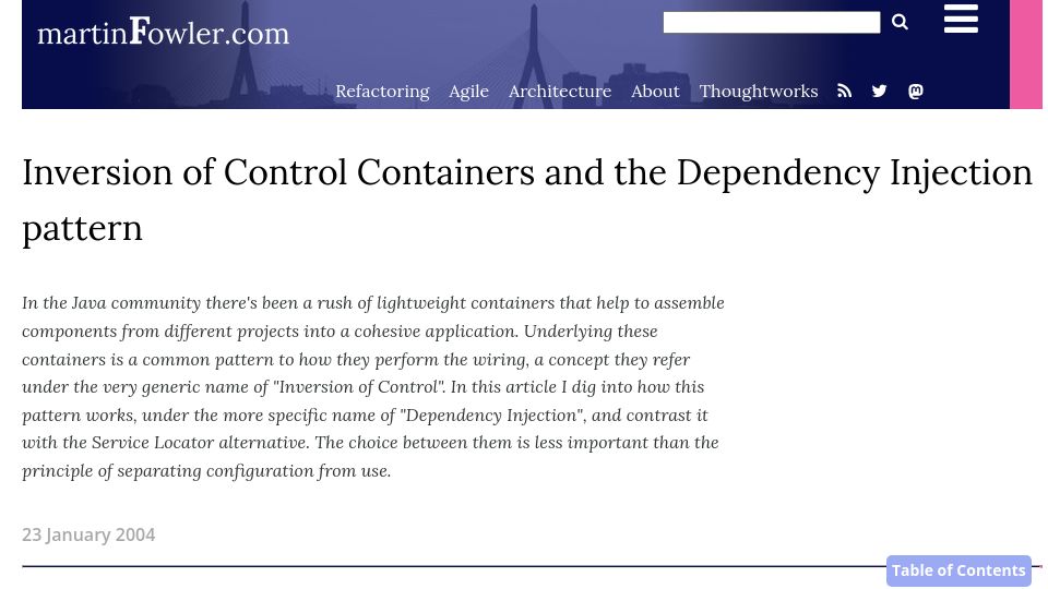 Screenshot of martinfowler.com: Inversion of Control Containers and the Dependency Injection pattern (2004)