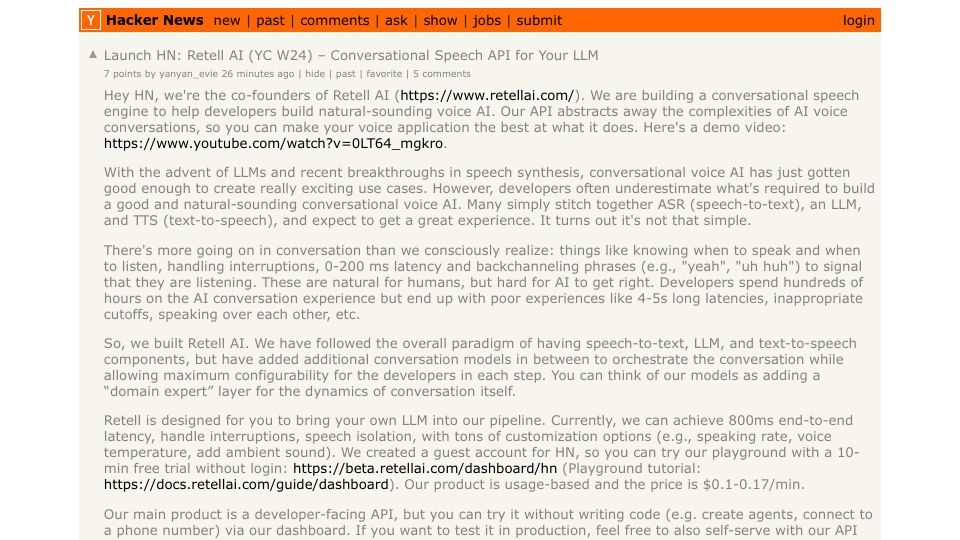 Screenshot of Hacker News post: Launch HN: Retell AI (YC W24) – Conversational Speech API for Your LLM