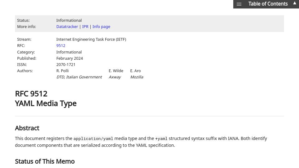 Screenshot of rfc-editor.org: RFC 9512: YAML Media Type