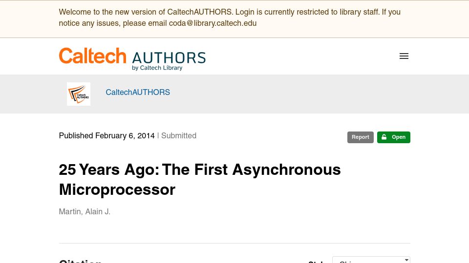 Screenshot of authors.library.caltech.edu: 25 Years Ago: The First Asynchronous Microprocessor (2014)