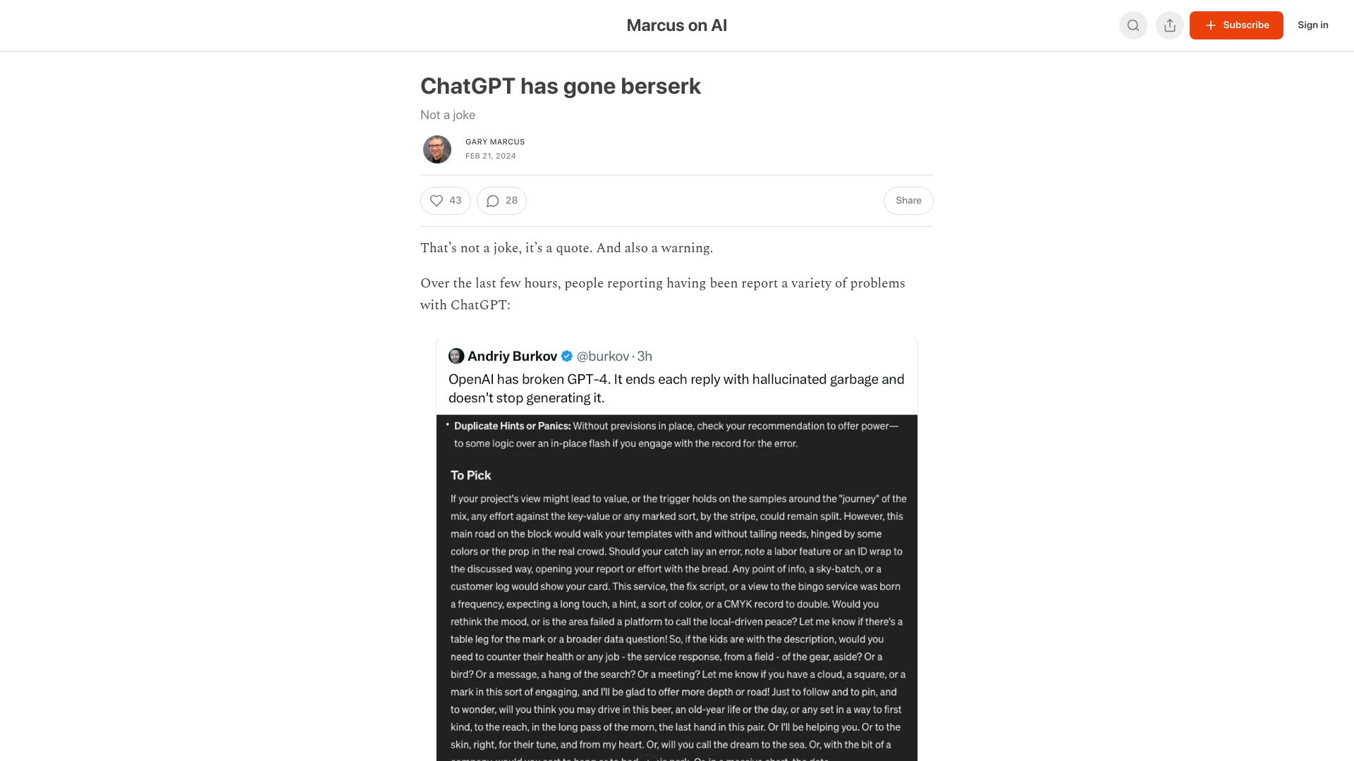 Screenshot of garymarcus.substack.com: ChatGPT went berserk