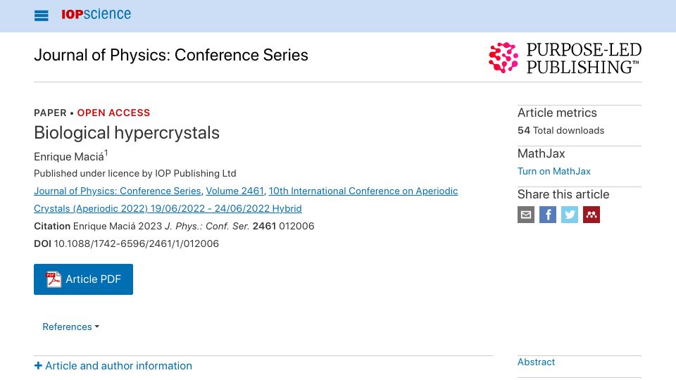 Screenshot of iopscience.iop.org: Biological Hypercrystals (2022)
