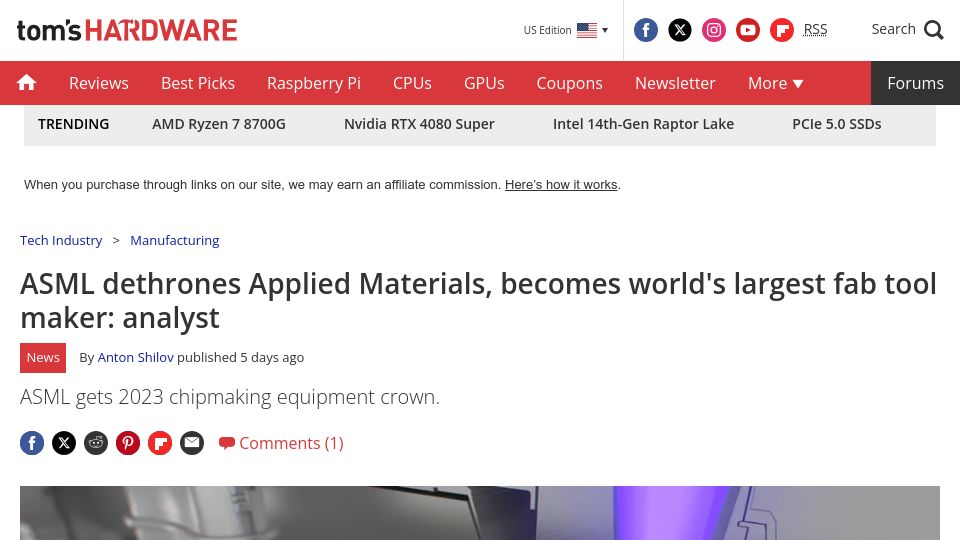 Screenshot of tomshardware.com: ASML dethrones Applied Materials, becomes largest fab tool maker