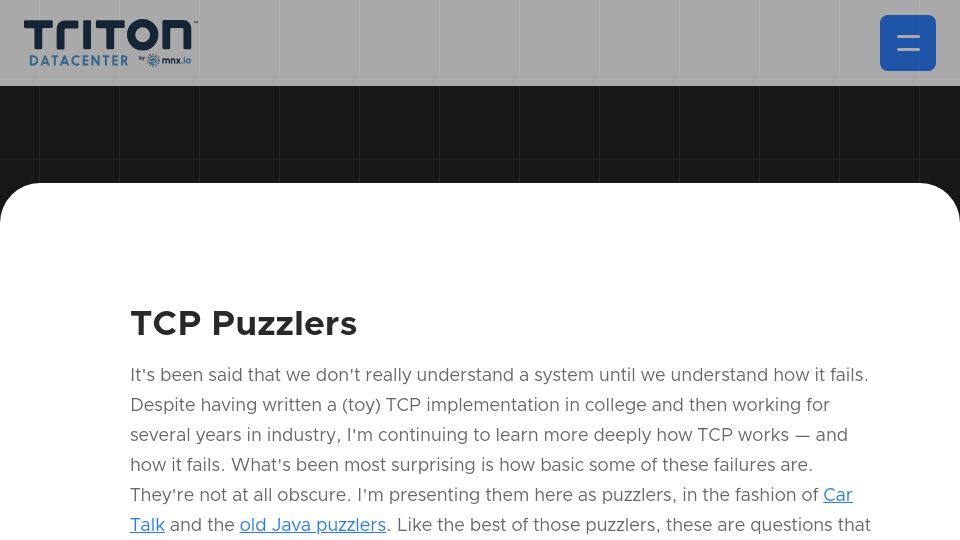 Screenshot of tritondatacenter.com: TCP Puzzlers (2016)