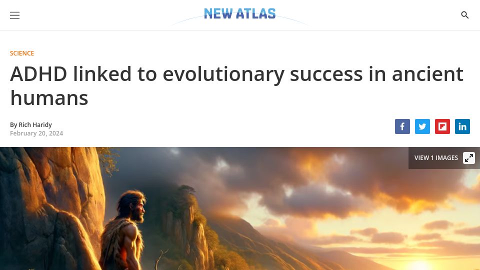 Screenshot of newatlas.com: ADHD linked to evolutionary success in ancient humans