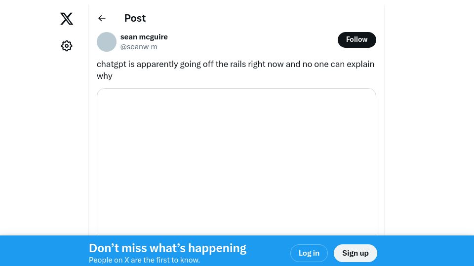 Screenshot of twitter.com: ChatGPT is apparently going off the rails and no one can explain why