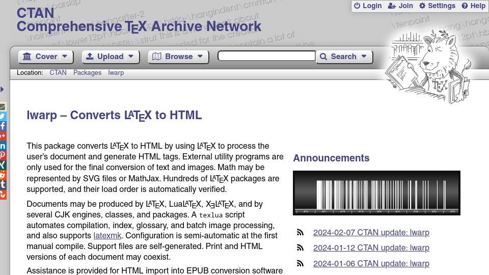 Screenshot of ctan.org: Lwarp – Converts LaTeX to HTML
