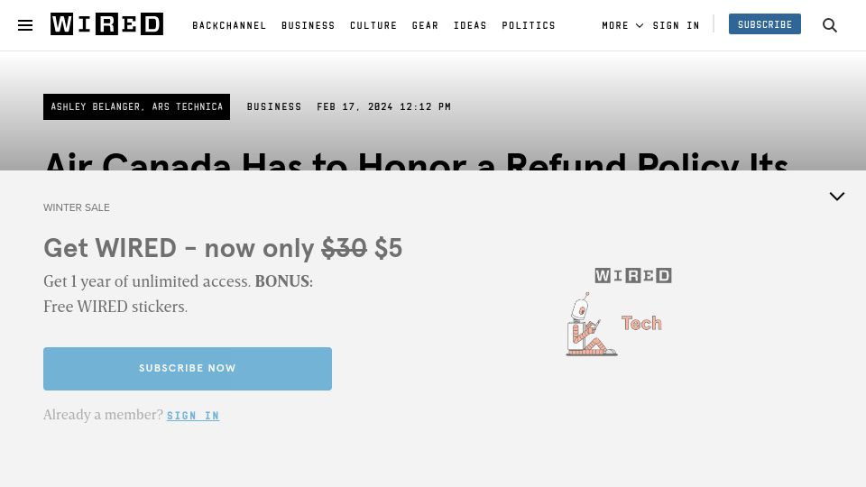 Screenshot of wired.com: Air Canada Has to Honor a Refund Policy Its Chatbot Made Up