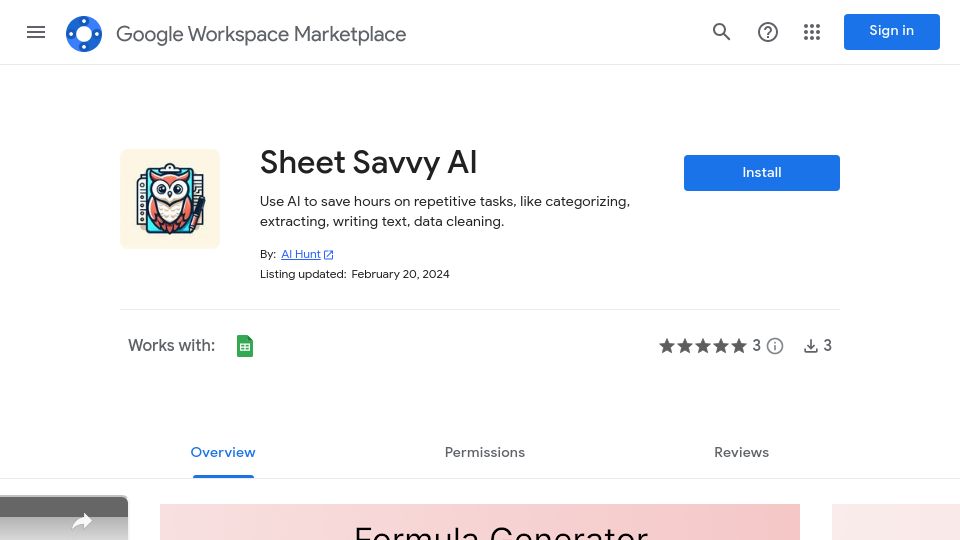 Screenshot of workspace.google.com: SheetSavvy AI – Google Sheets: Automate, Generate, Interpret Like Never Before