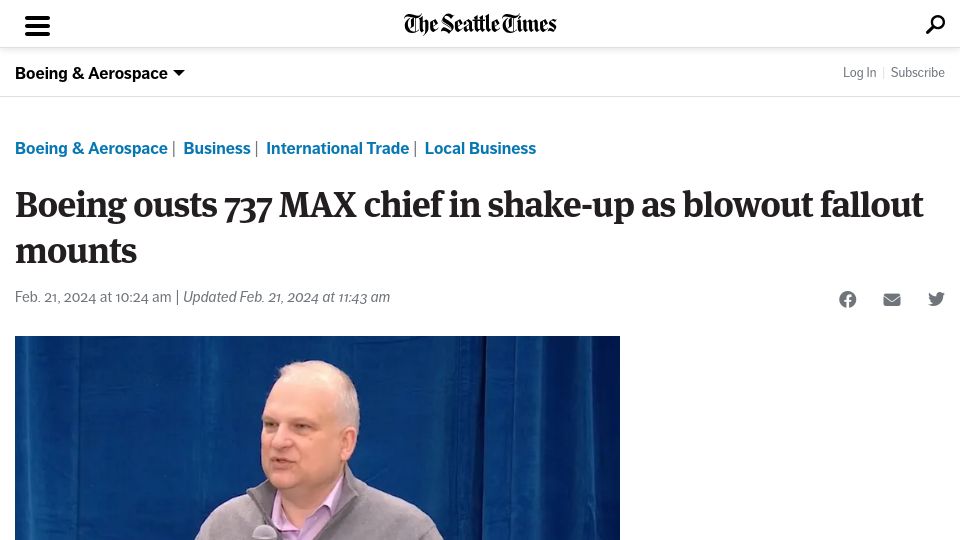 Screenshot of seattletimes.com: Boeing ousts 737 MAX chief