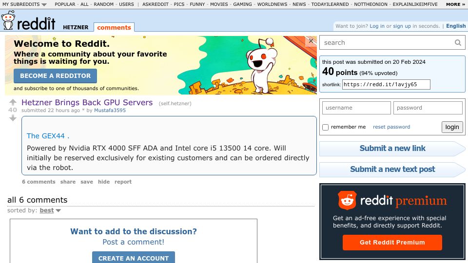 Screenshot of old.reddit.com: Hetzner Brings Back GPU Servers