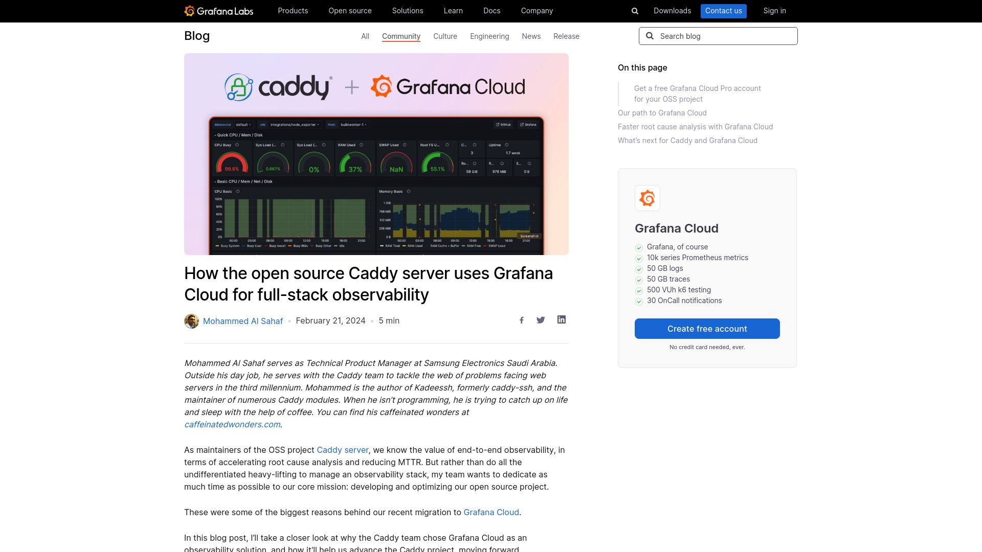 Screenshot of grafana.com: How the open source Caddy server uses Grafana Cloud for full-stack observability