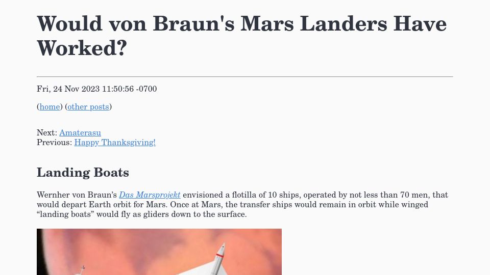 Screenshot of raypatrick.xyz: Would von Braun's Mars landers have worked?