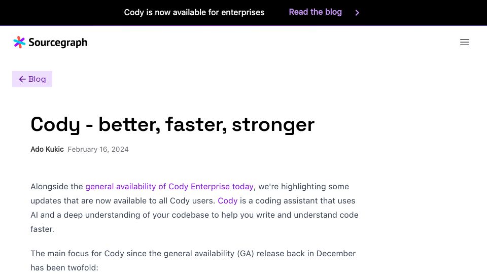 Screenshot of sourcegraph.com: Sourcegraph Cody – better, faster, stronger