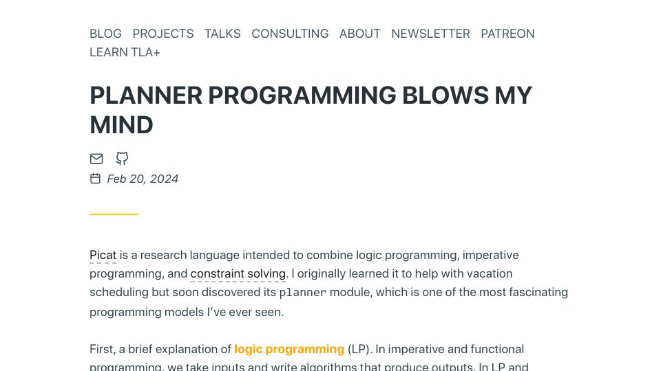 Screenshot of hillelwayne.com: Planner programming blows my mind