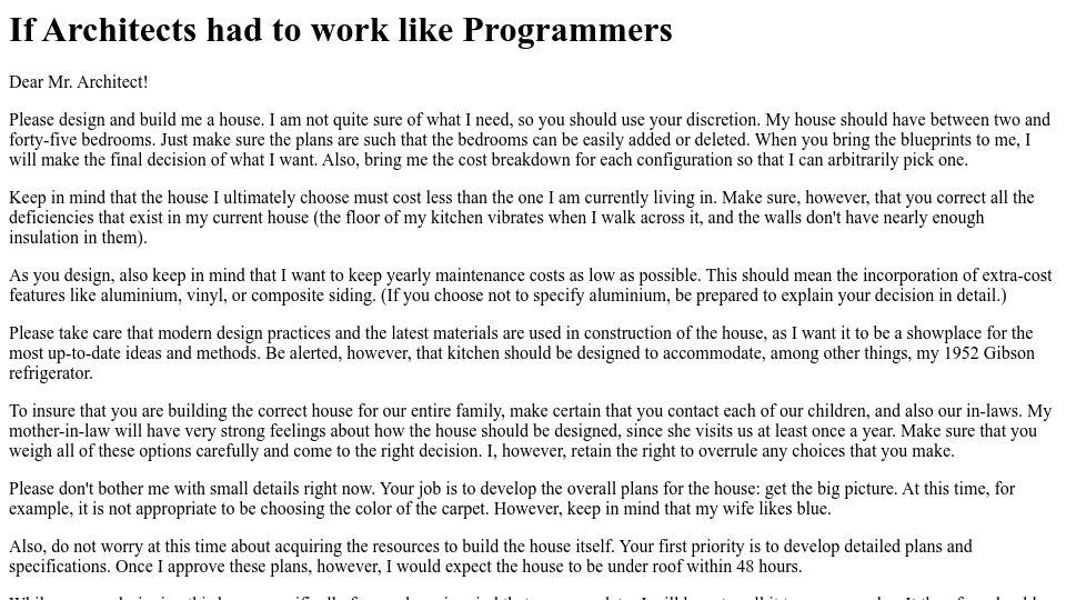 Screenshot of gksoft.com: If architects had to work like programmers (1995)