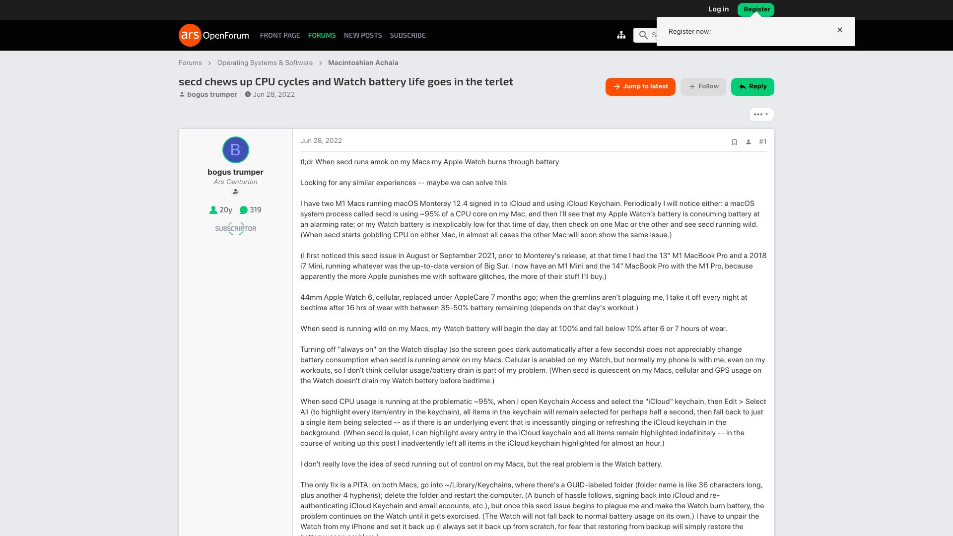 Screenshot of arstechnica.com: secd chews up CPU cycles and Watch battery life goes in the terlet (2022)