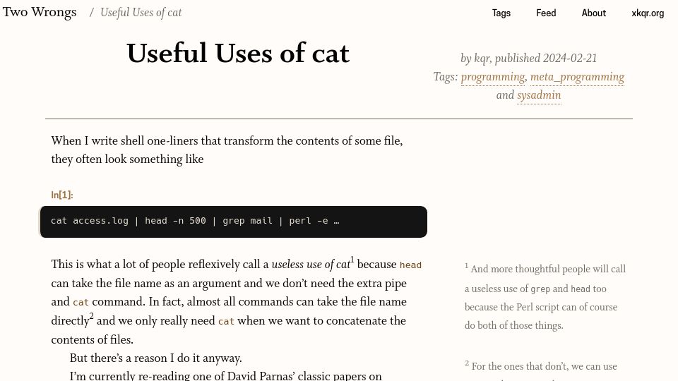 Screenshot of two-wrongs.com: Useful Uses of cat