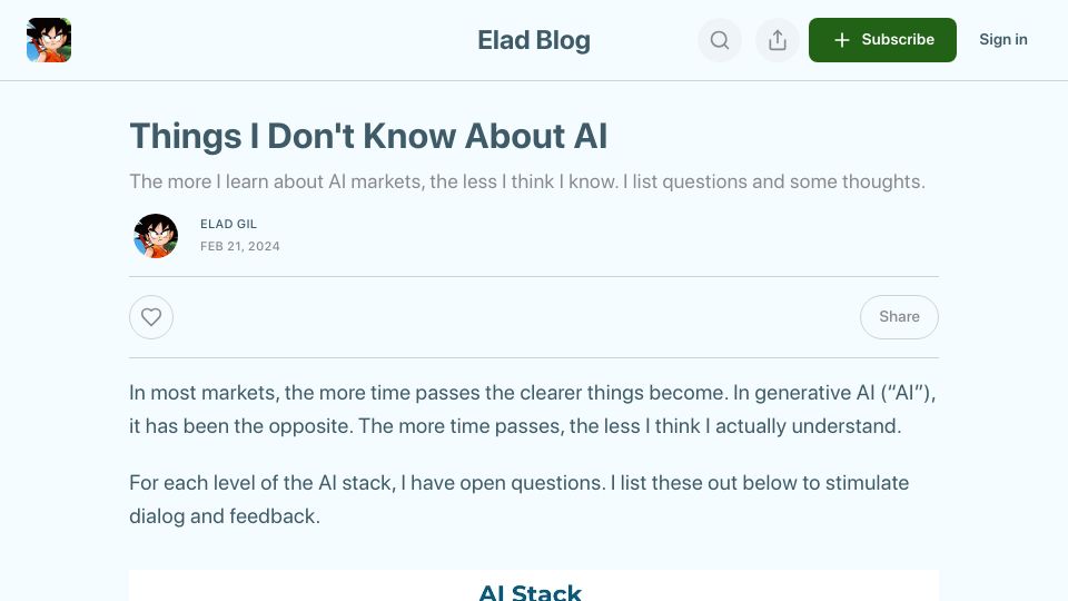 Screenshot of blog.eladgil.com: Things I don't know about AI