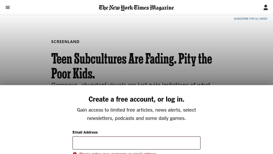 Screenshot of nytimes.com: Teen Subcultures Are Fading. Pity the Poor Kids